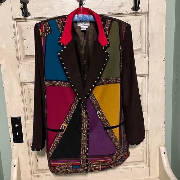 DIANE GILMAN Dark Brown Multi Color 100% Silk Vintage Blazer Size L